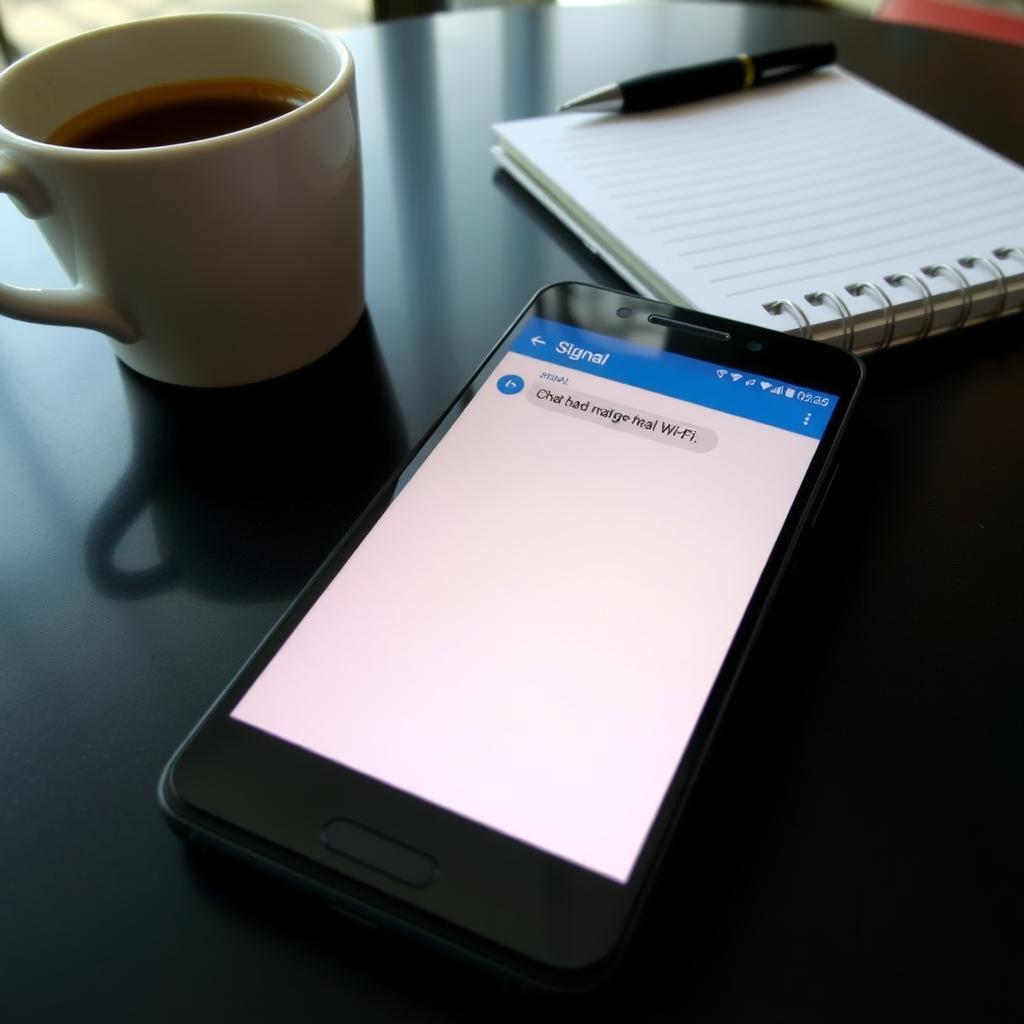 Android phone with Signal app open in café setting.