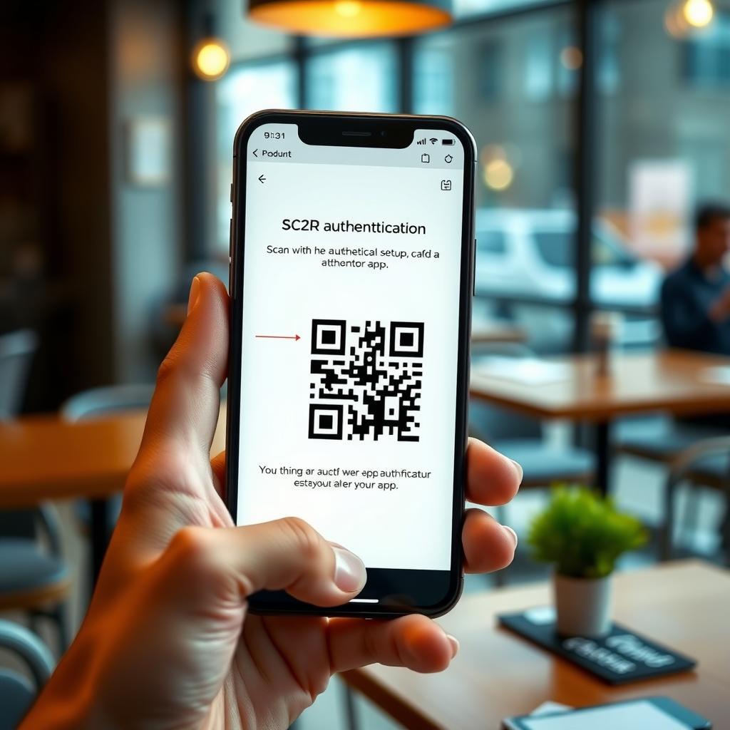 Smartphone showing a two-factor authentication setup in a coffee shop