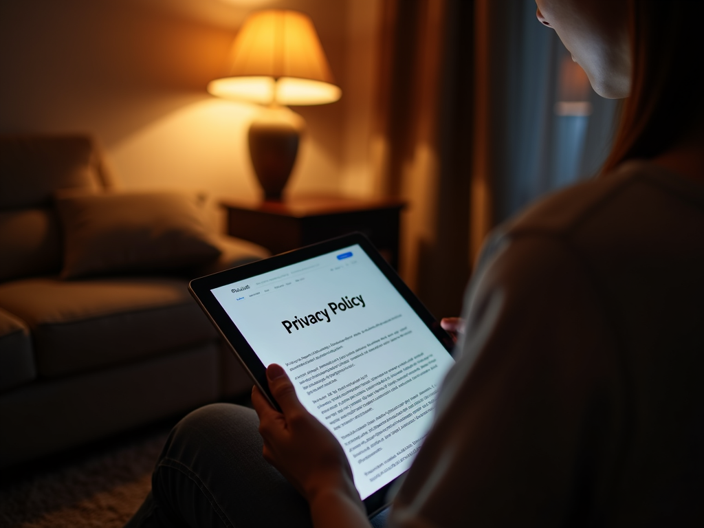 Person reading privacy policy on tablet in cozy living room