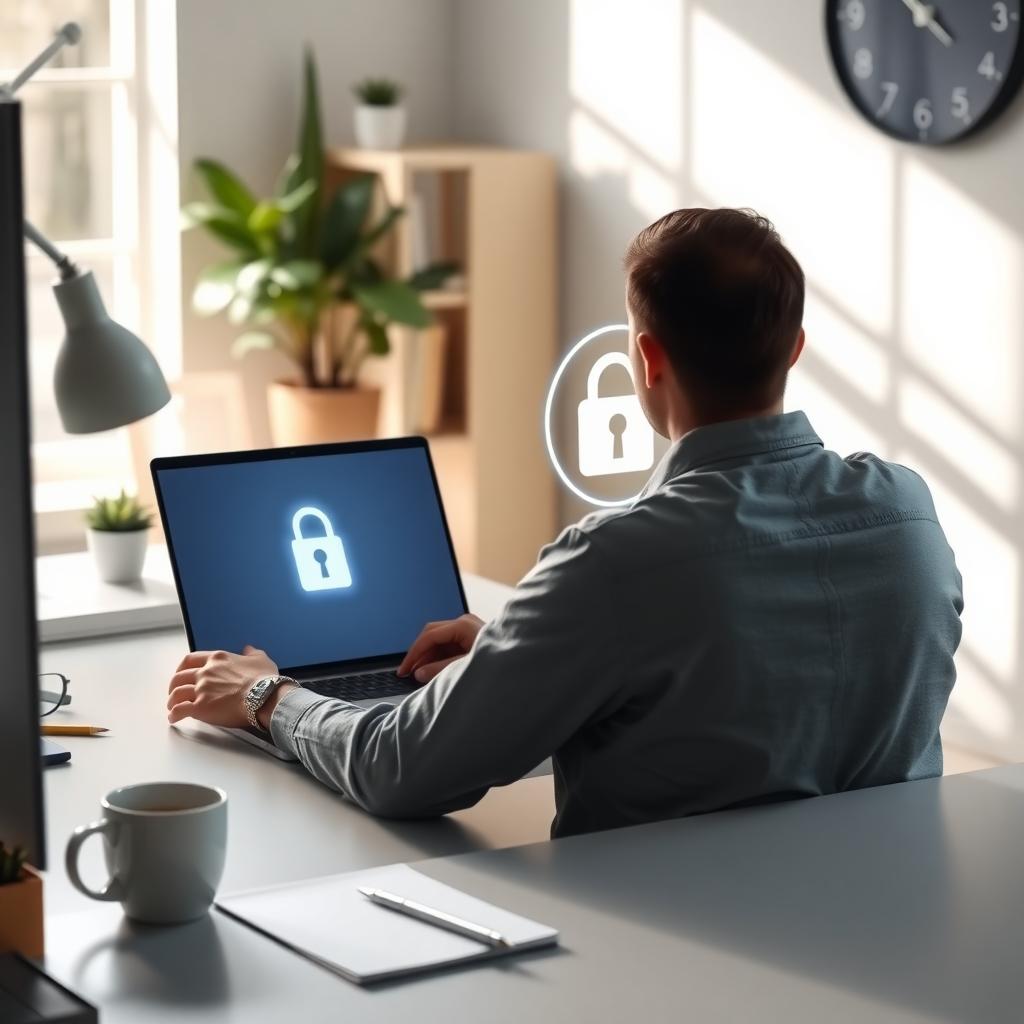 Person using a laptop with a glowing padlock icon, representing online security in a cozy home office.