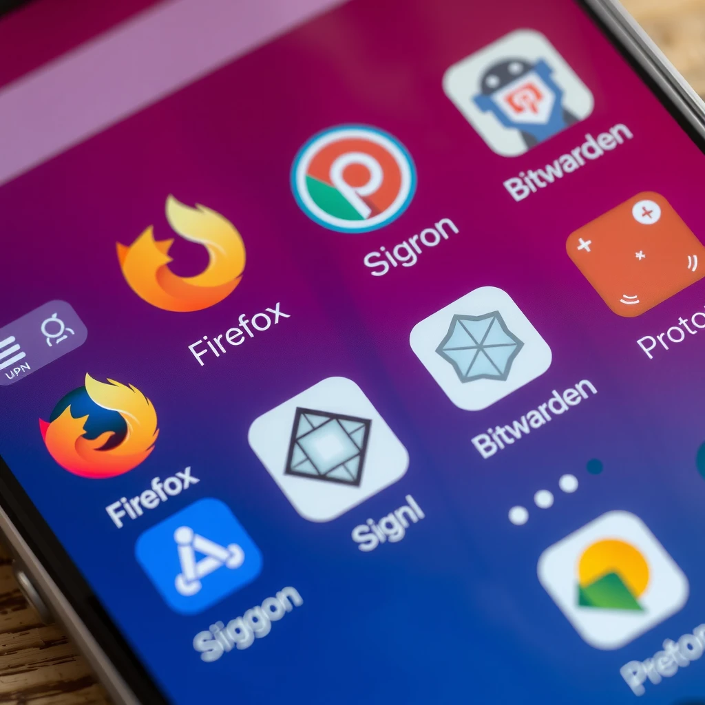 Android home screen with privacy app icons like Firefox, Signal, and Bitwarden