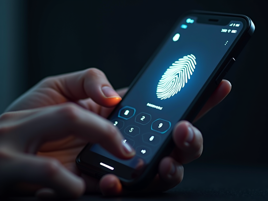 A hand typing a password on a phone with a glowing fingerprint scanner