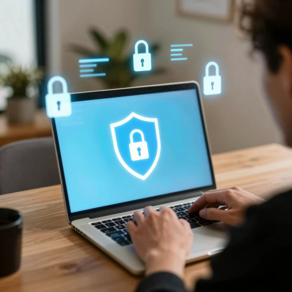 Person protecting online privacy with digital shield on laptop