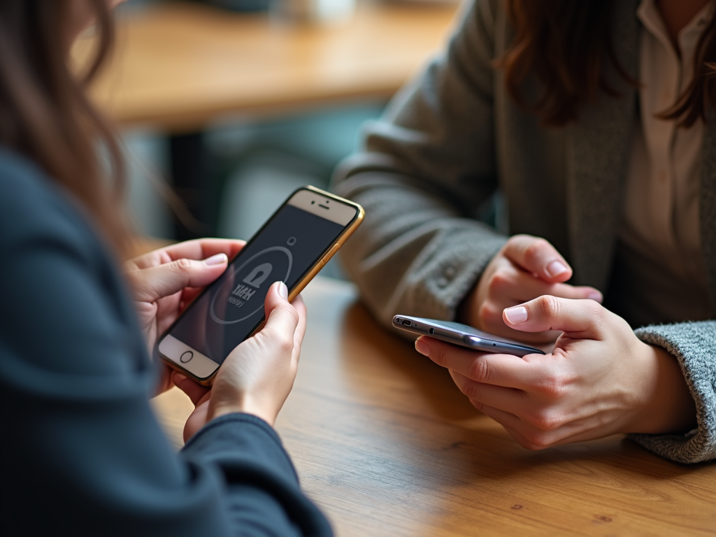 Two people texting on phones, one with an encrypted app lock icon.