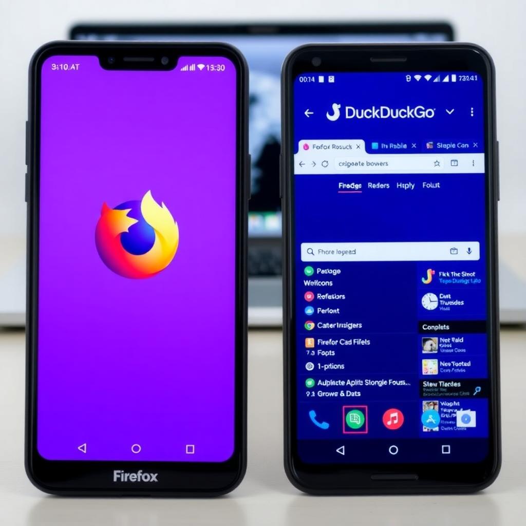 Two smartphones comparing Firefox Focus and DuckDuckGo browser interfaces