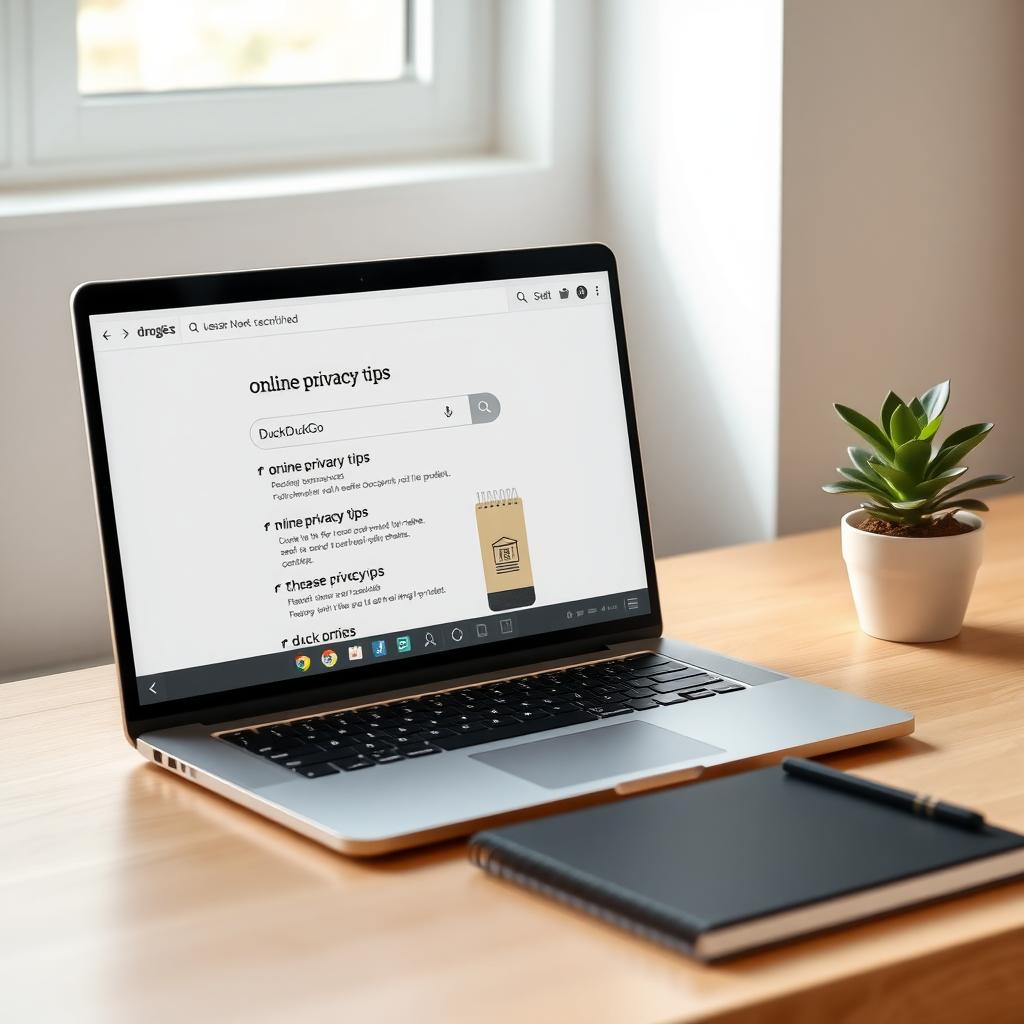 Laptop displaying DuckDuckGo search engine on a minimalist workspace