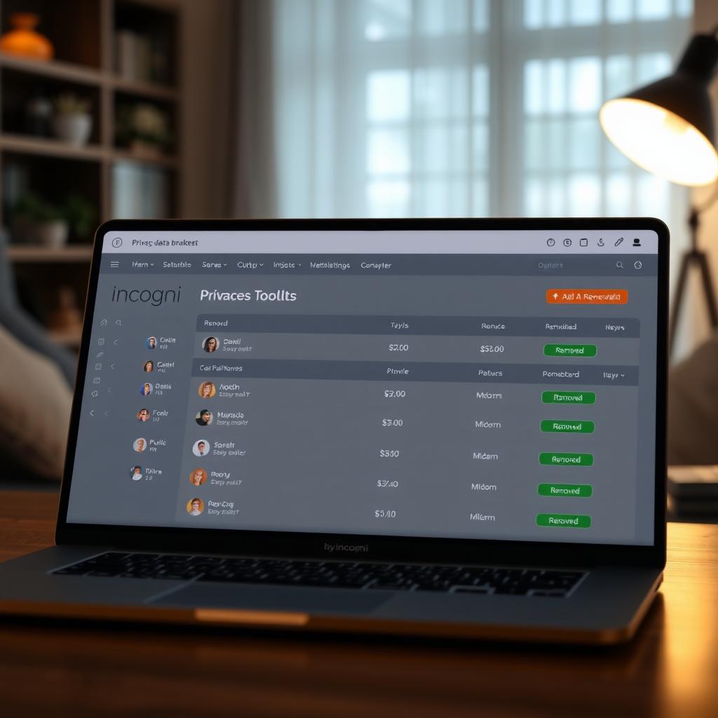Laptop showing a privacy tool dashboard with data removal status