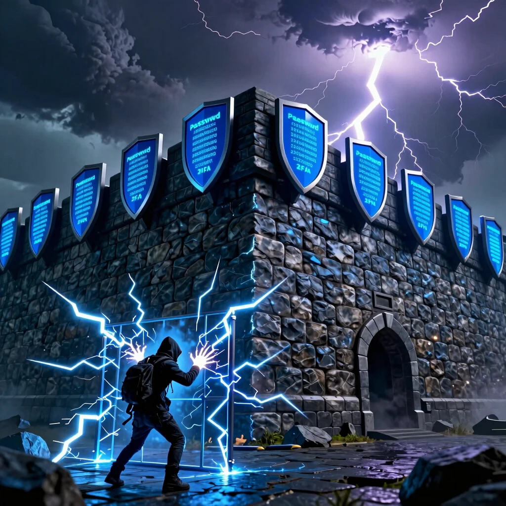 A digital fortress symbolizing the robust protection offered by two-factor authentication against cyber threats.