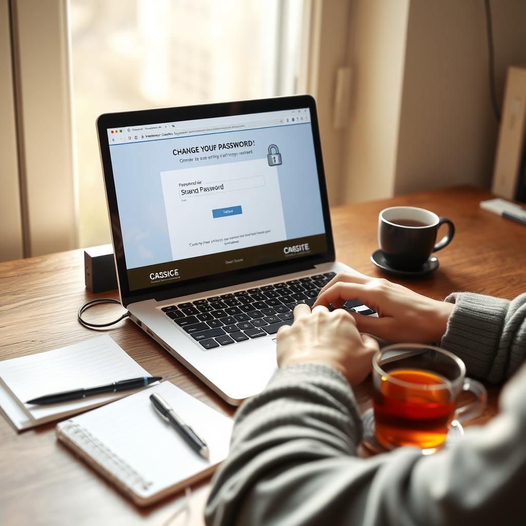A person changing their password on a laptop at a desk with a notepad and tea.