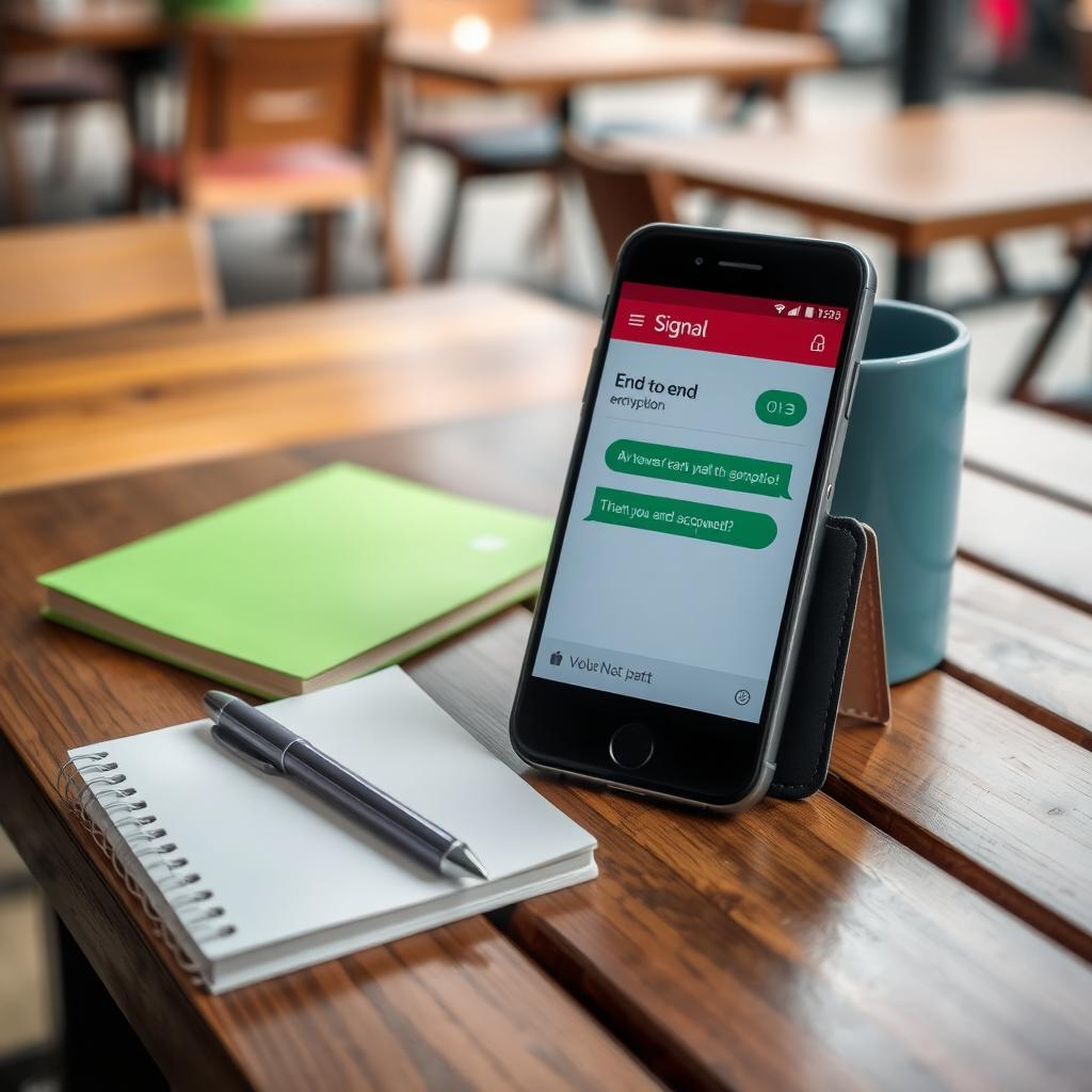 Smartphone showing Signal messaging app on a wooden table