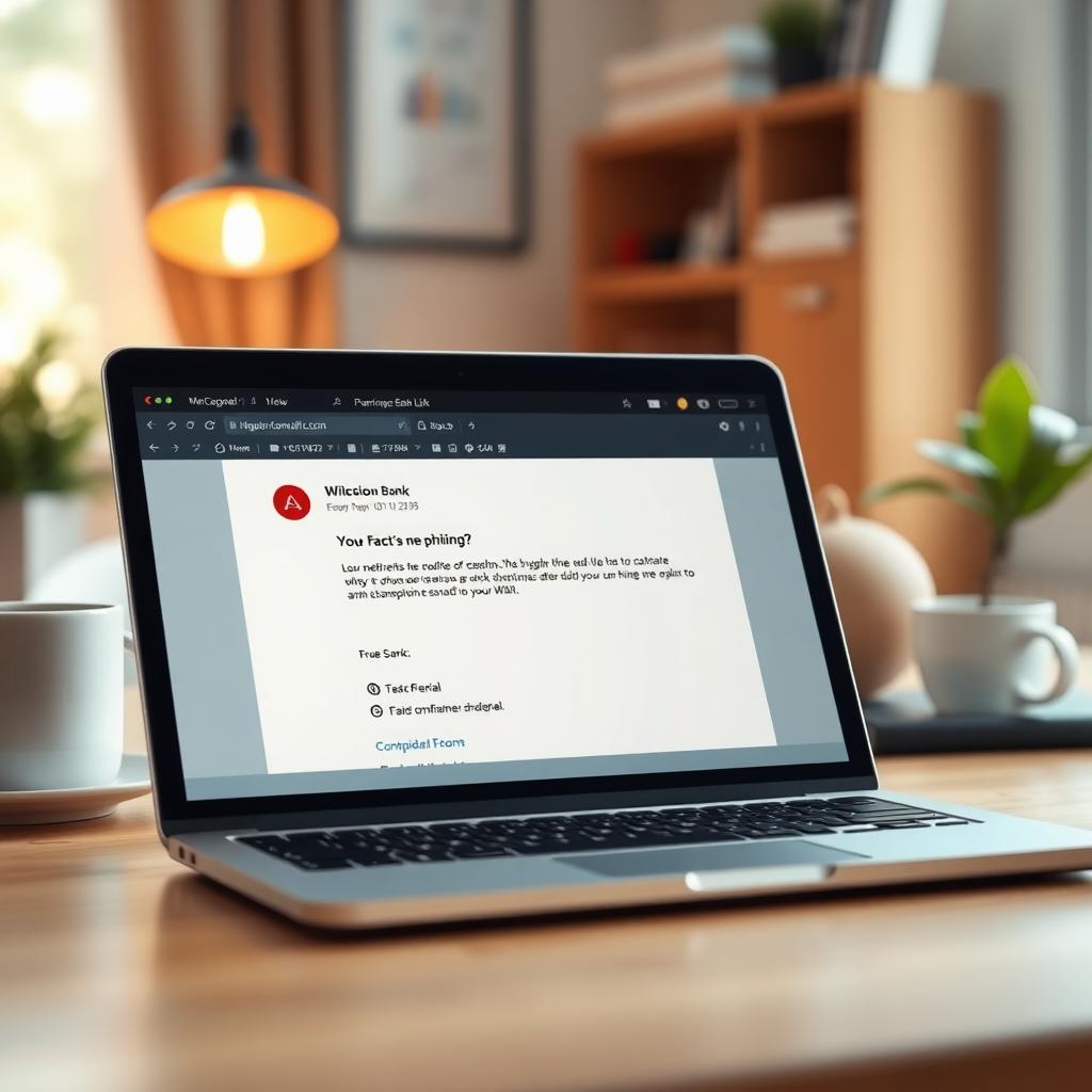 A laptop screen showing a phishing email designed to look like a bank notification, set in a cozy home office.