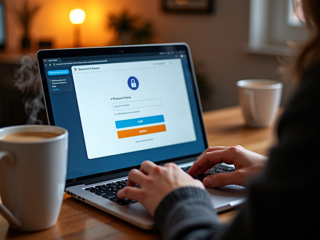 Person using a password manager on a laptop with coffee nearby.