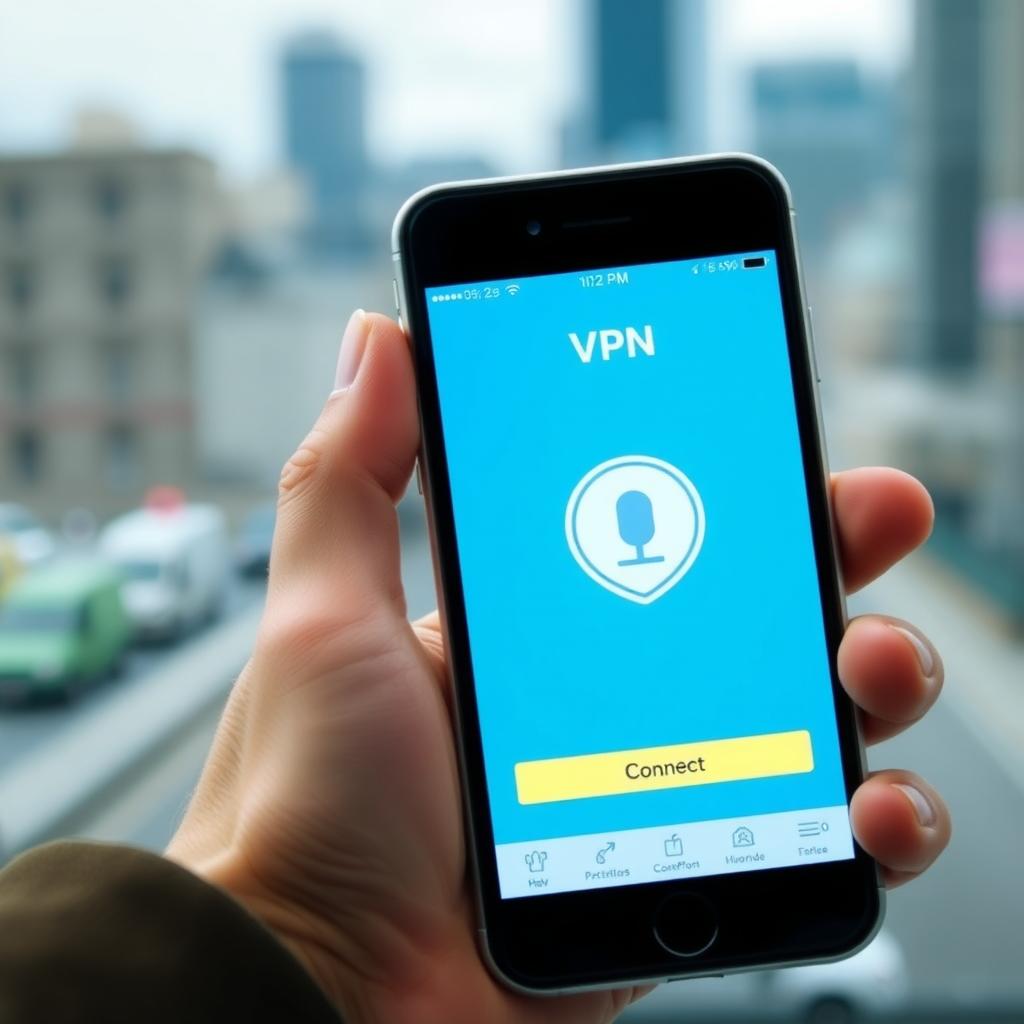 Smartphone showing a VPN app interface with a cityscape background