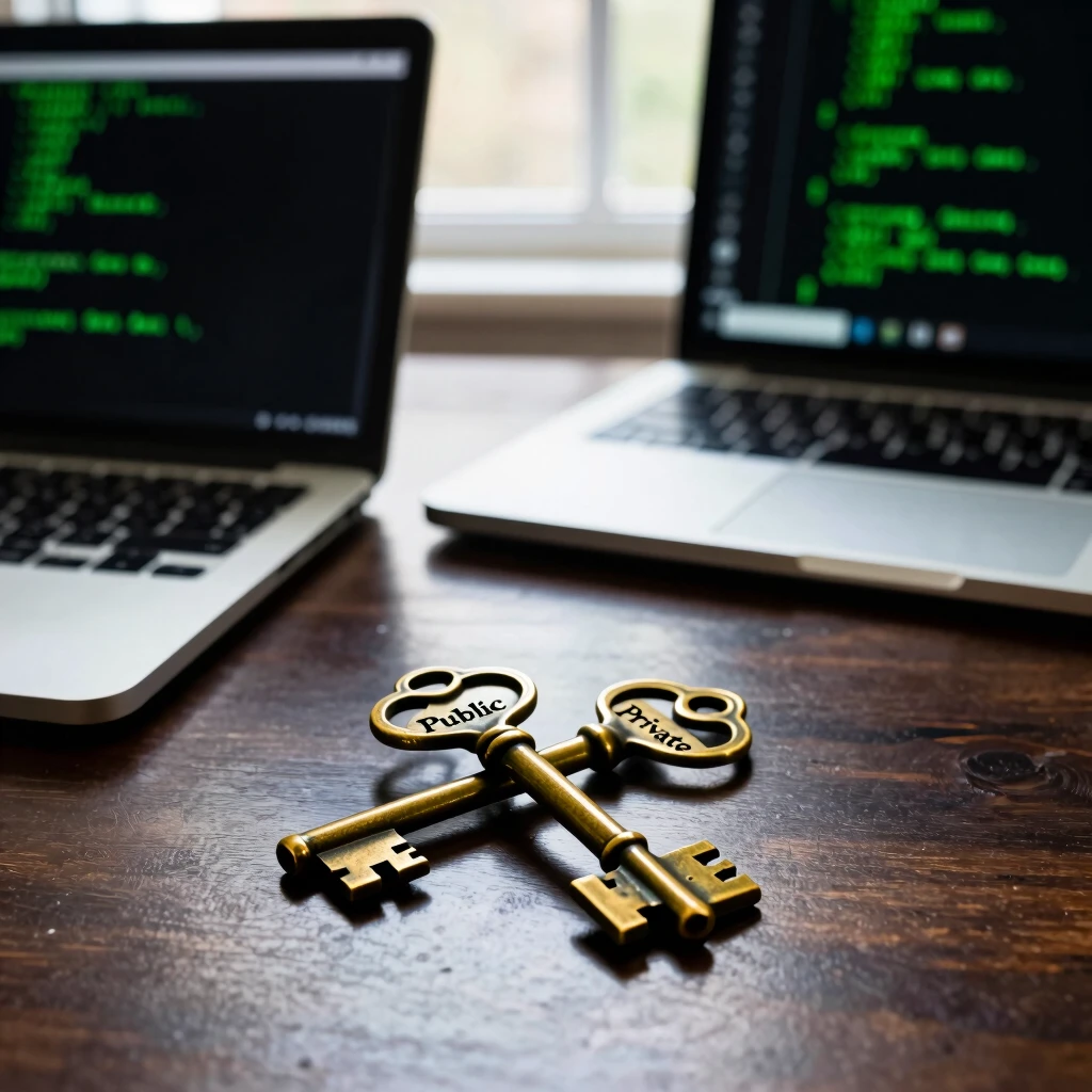 Two antique keys labeled Public and Private next to a laptop showing code, illustrating asymmetric encryption concepts
