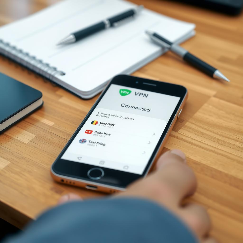 Smartphone displaying a VPN app interface on a wooden desk