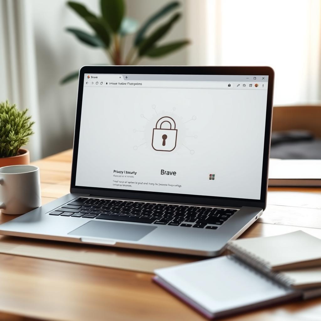 Laptop displaying a privacy-focused browser with a digital shield and a cozy desk setup