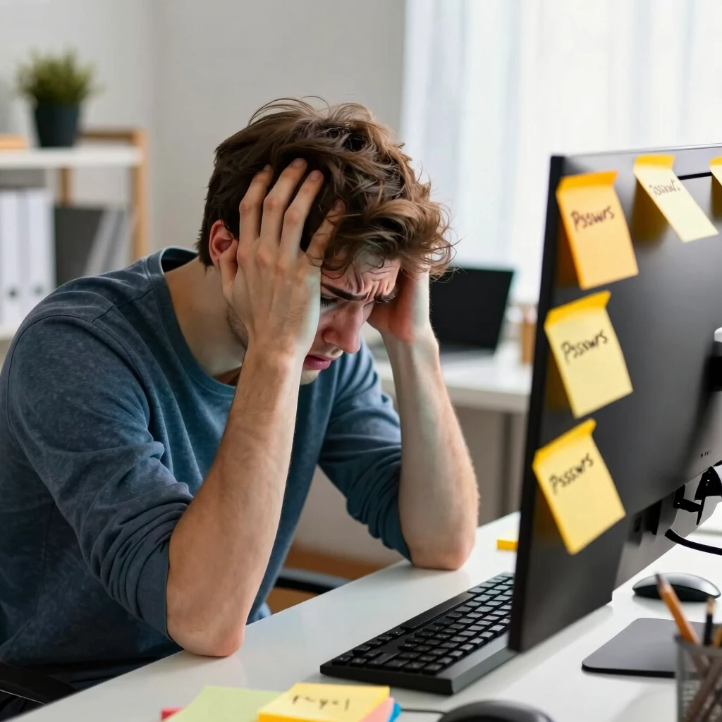 Overwhelmed person surrounded by sticky notes with passwords