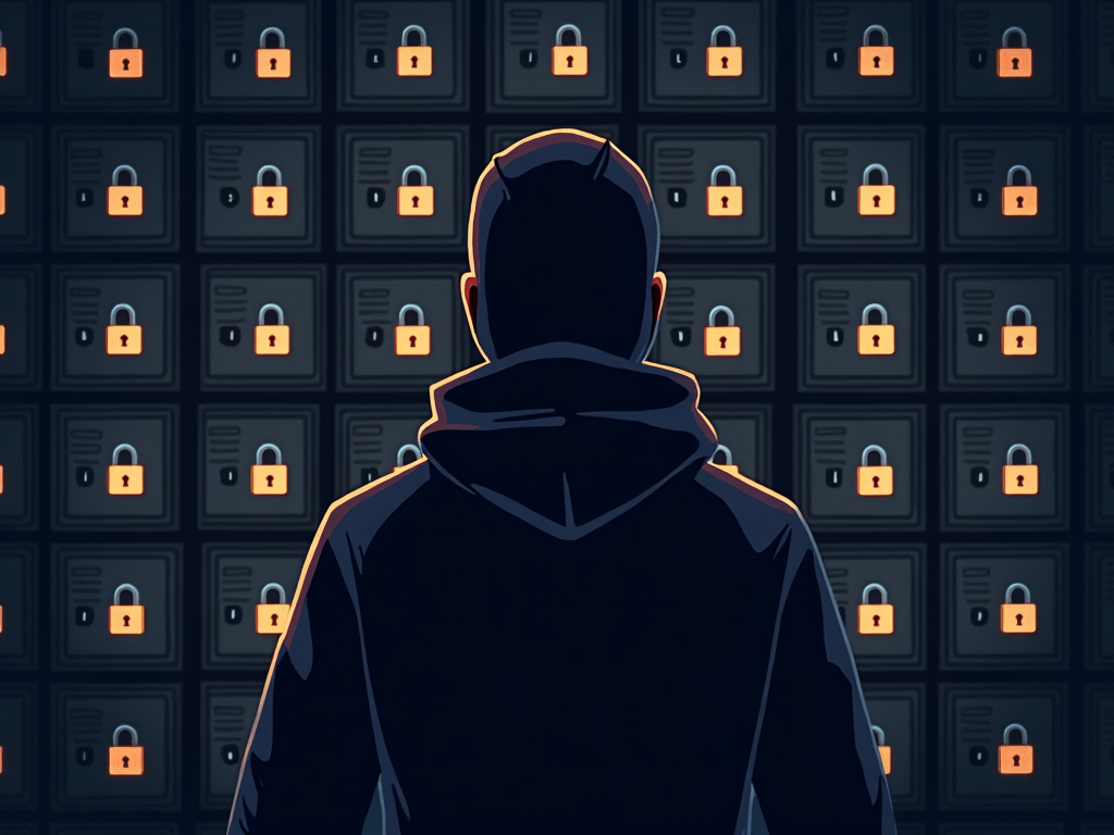 Hacker failing to break into password-protected vaults.