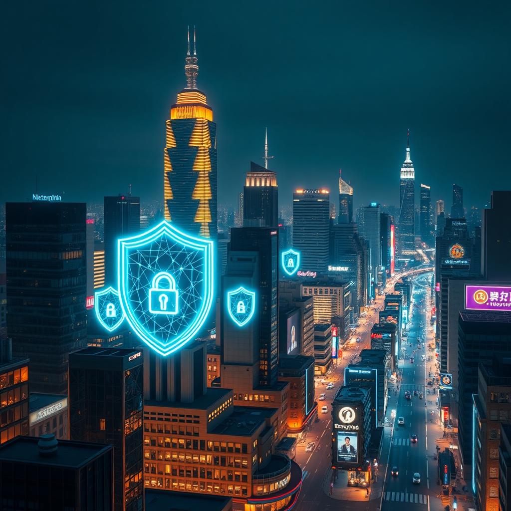A futuristic city with glowing digital shields representing encryption.