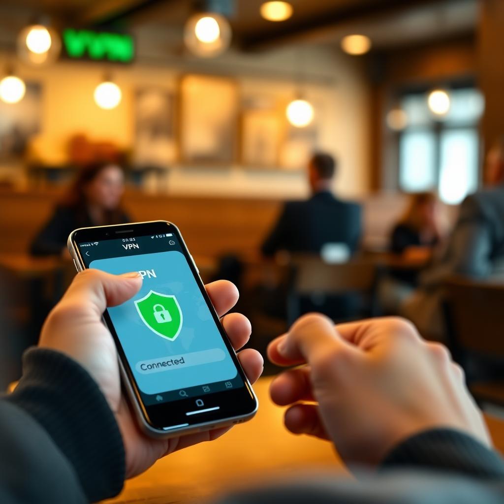 Person using a smartphone with a VPN app in a coffee shop