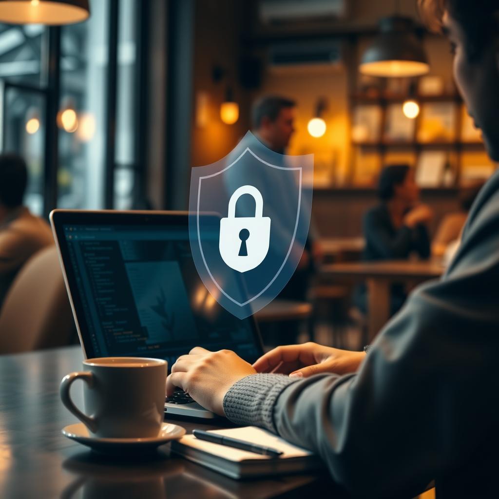 A person using a laptop with a digital shield, symbolizing VPN protection in a coffee shop.