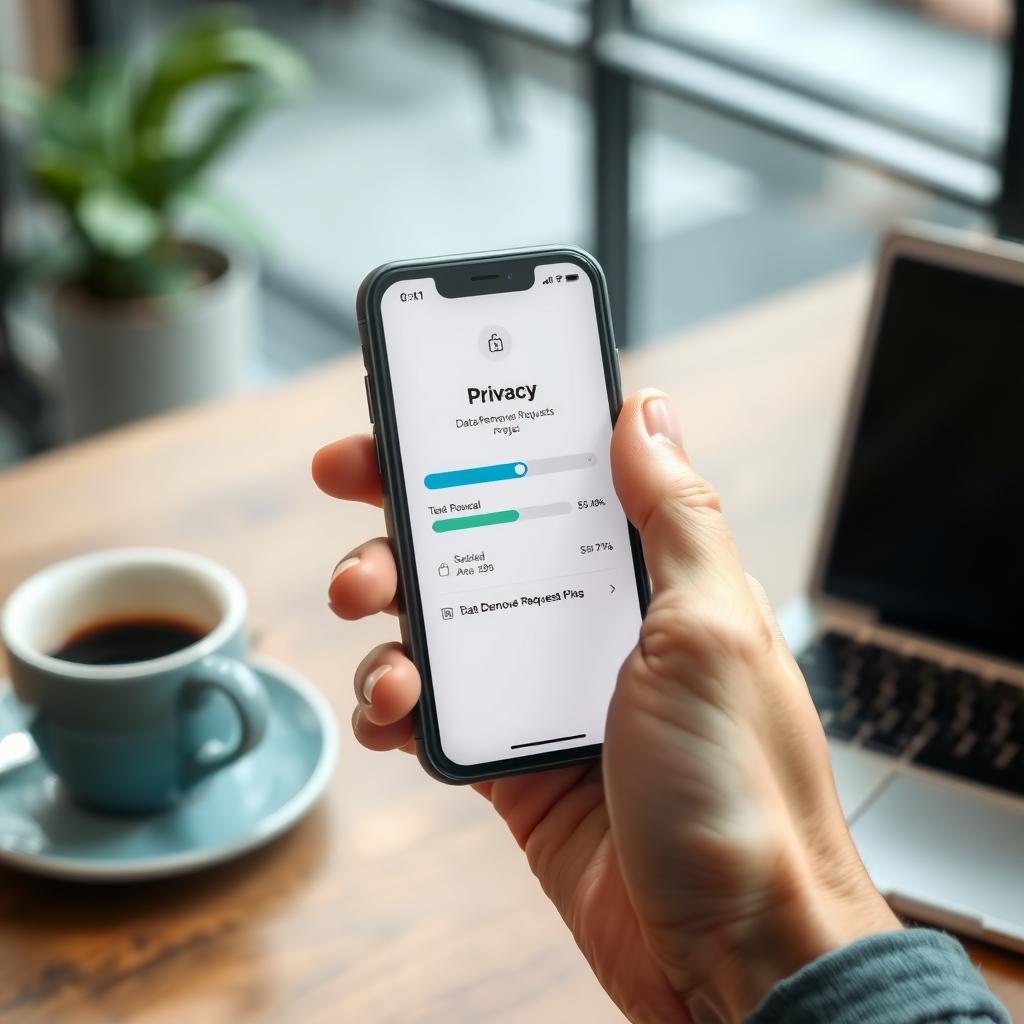 Smartphone displaying a privacy app’s data removal progress in a coffee shop setting.