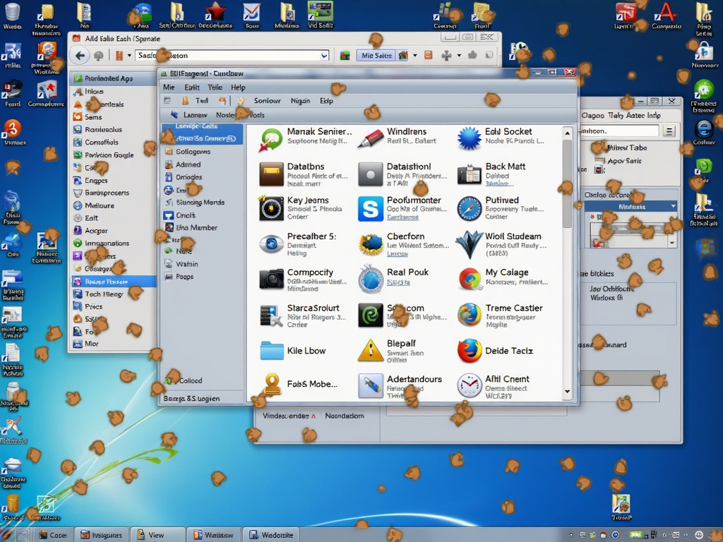 A cluttered computer desktop with numerous icons and open windows