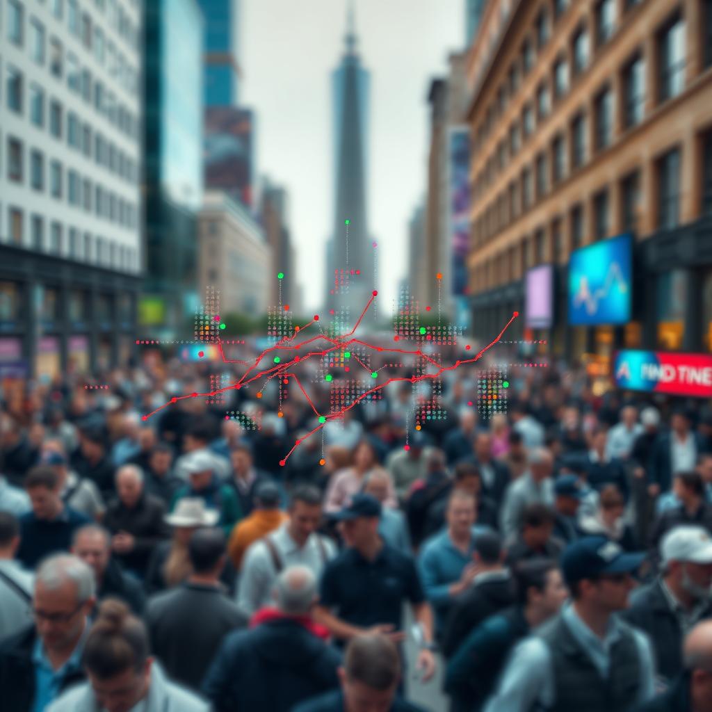 Blurred city crowd with data graphs overlay, illustrating differential privacy.