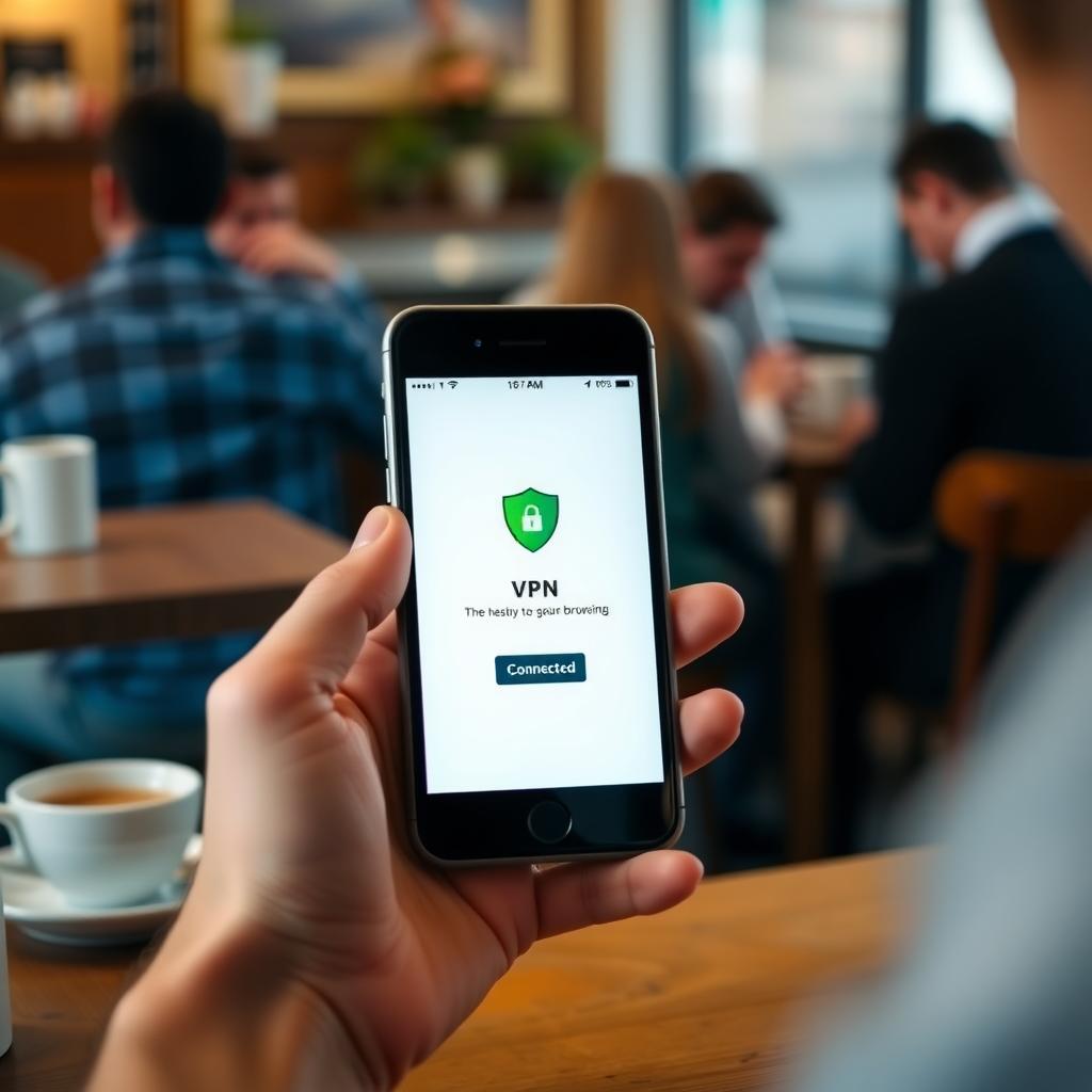 Smartphone displaying a VPN app with a secure connection in a café