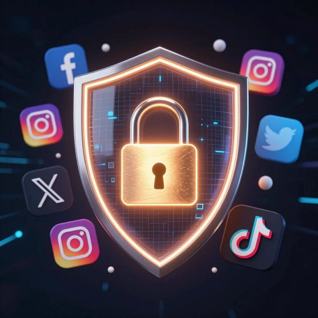 Digital shield protecting social media icons from cyber threats