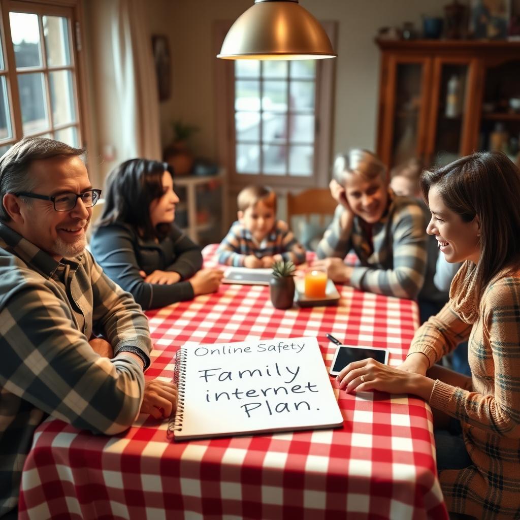 Family discussing online safety around a dining table with a family internet plan