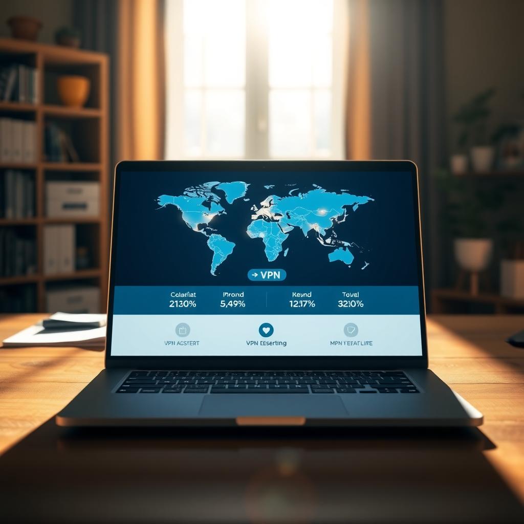 Laptop displaying a VPN application with a world map of server locations
