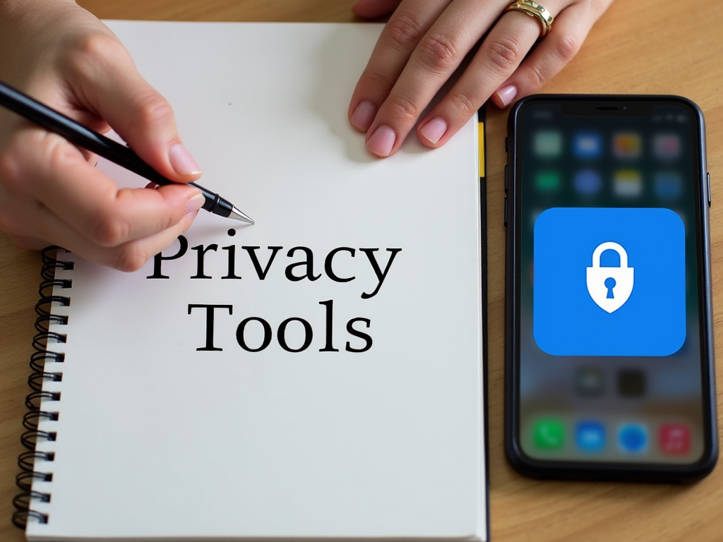 Hand writing in a notebook labeled 'Privacy Tools' next to a phone displaying a secure messaging app logo.