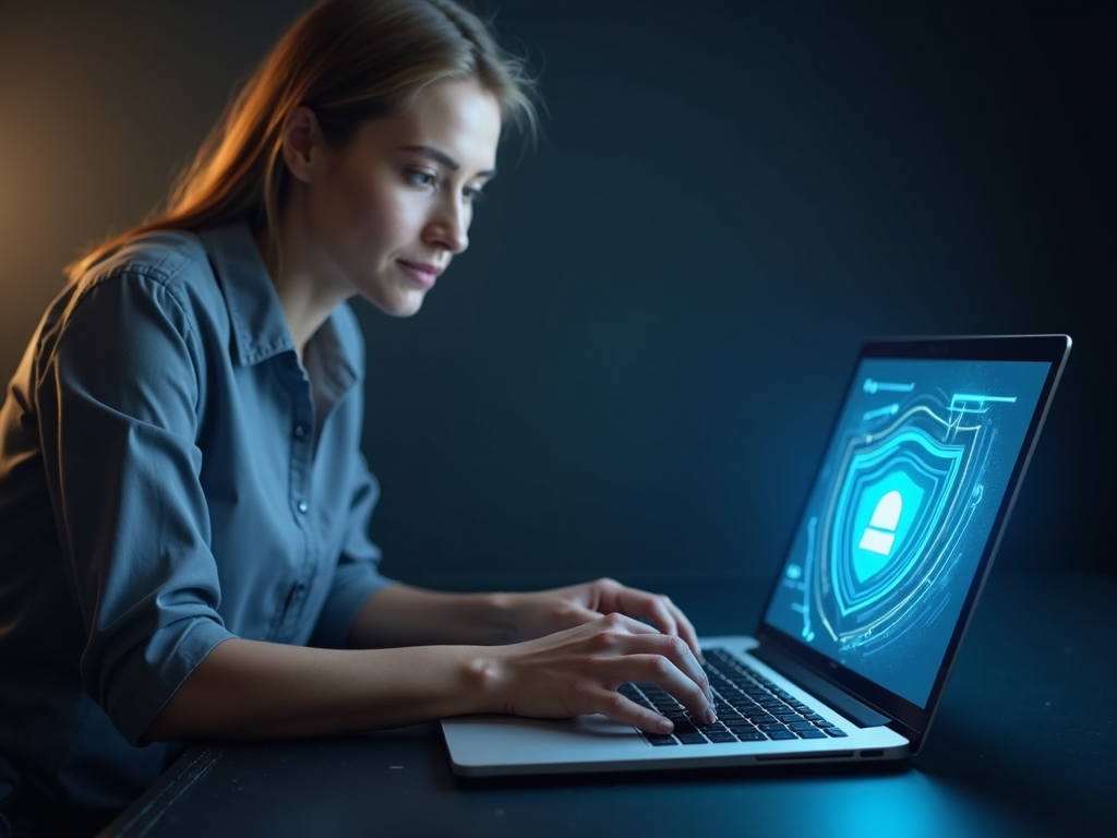 Person using a laptop with a shield icon.