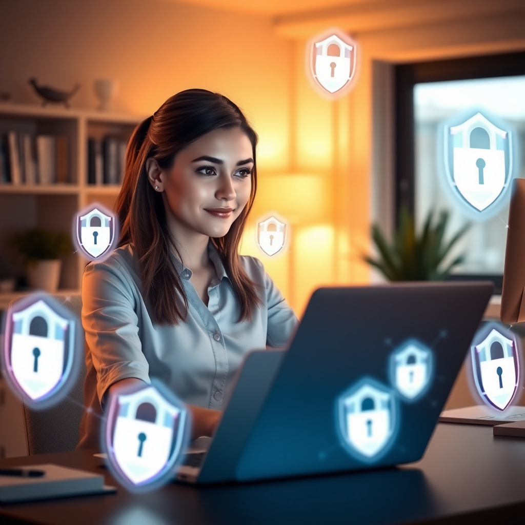 Woman confidently using laptop protected by digital privacy shields