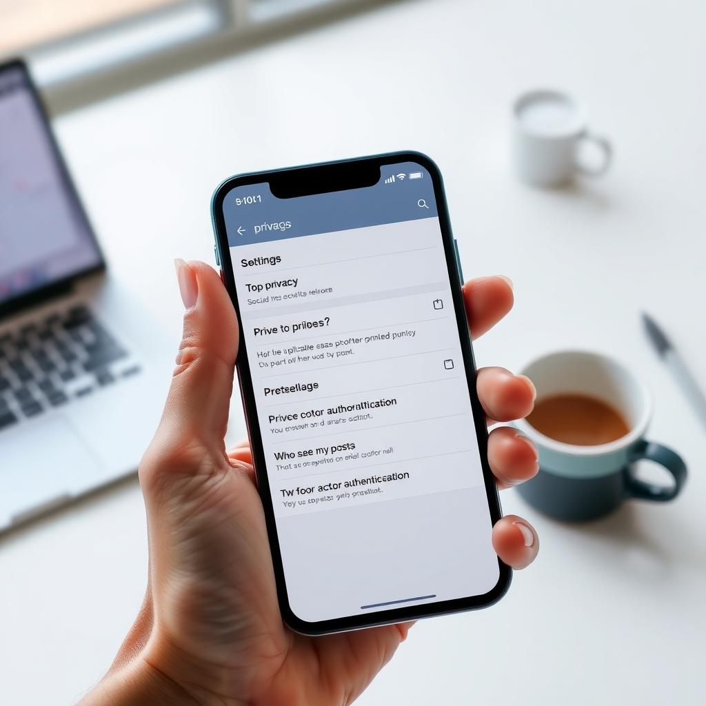 Smartphone showing social media privacy settings on a modern desk