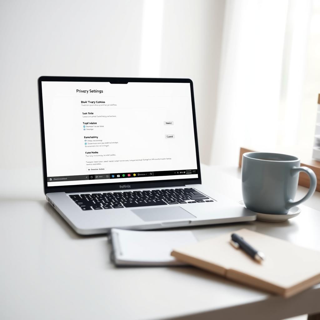 Laptop on a desk displaying a browser’s cookie management settings, with a coffee cup and notepad nearby.