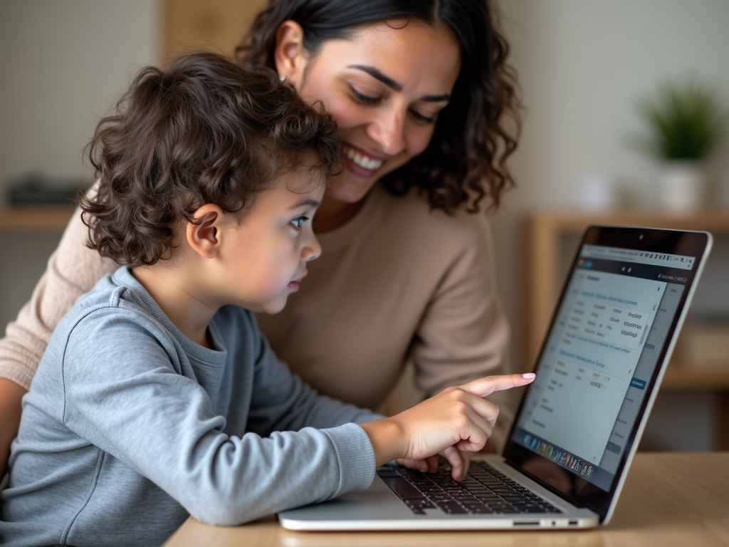Parent teaching child about online privacy.