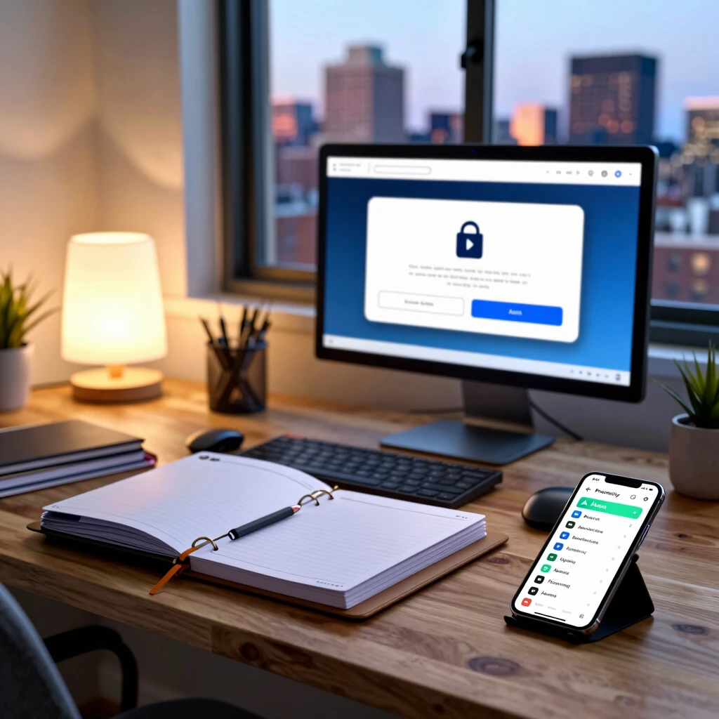 Cozy small business workspace displaying productivity and privacy apps on devices