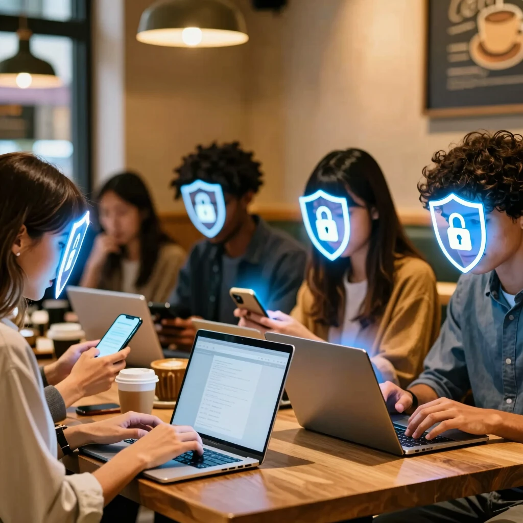 Group of people protecting their online privacy with digital shields over devices