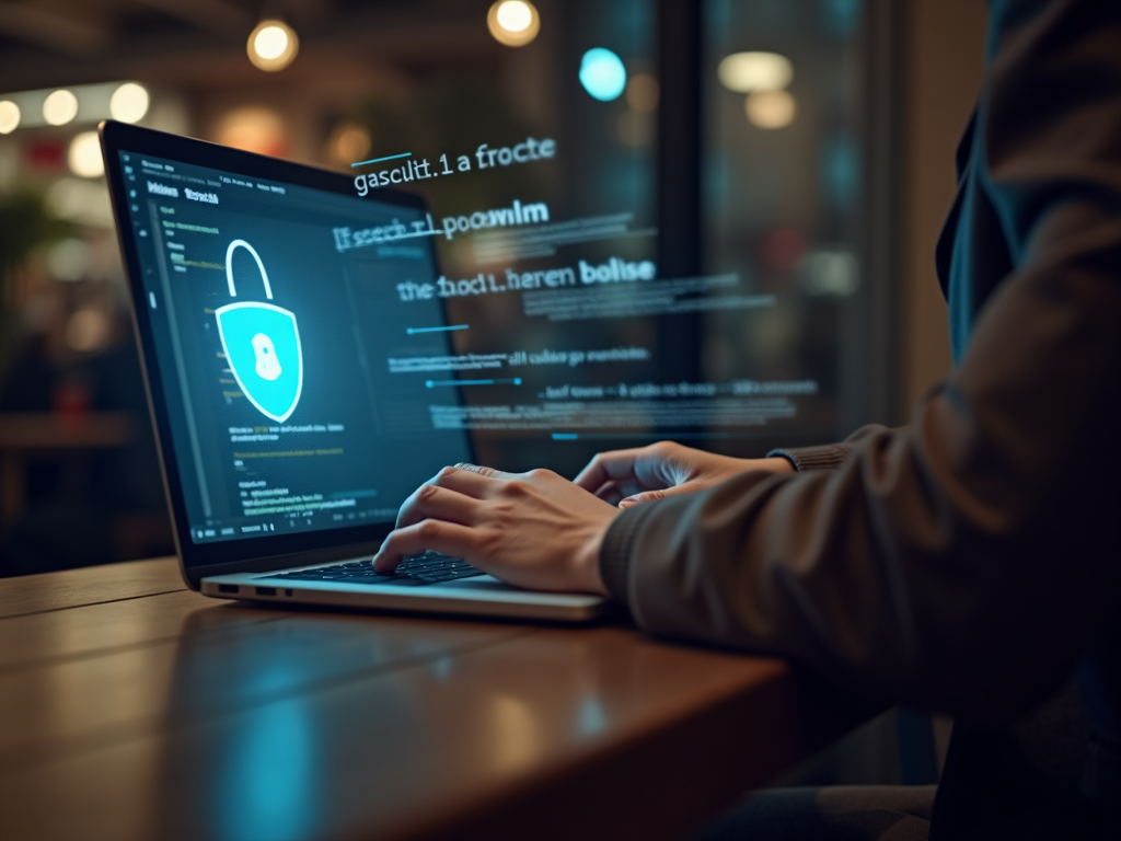 Person using a laptop with a digital shield, symbolizing encrypted security.