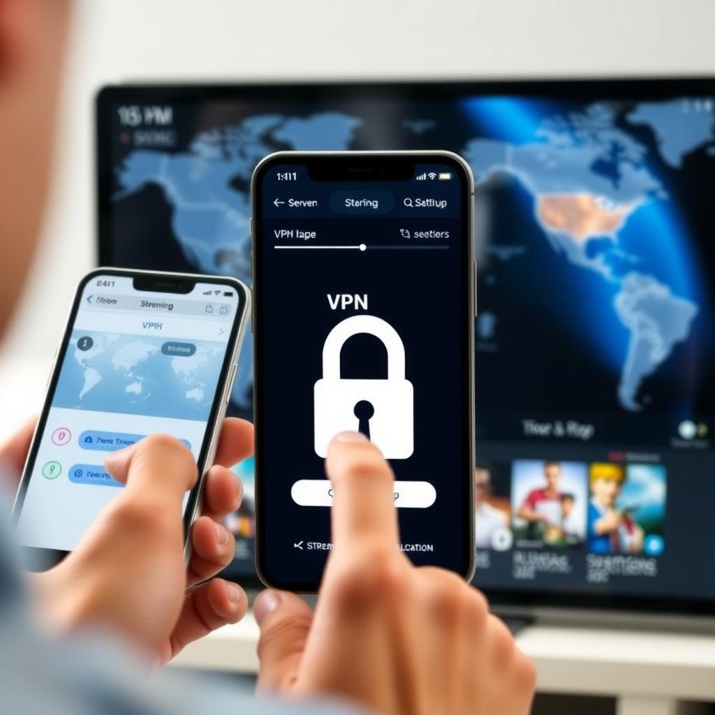 Person selecting a VPN server on a smartphone with a streaming service in the background