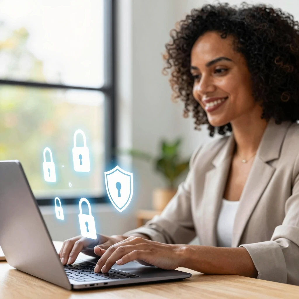 Woman setting up online privacy tools at home