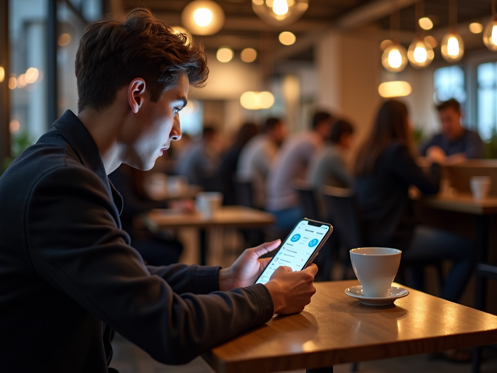 Person using privacy app in café