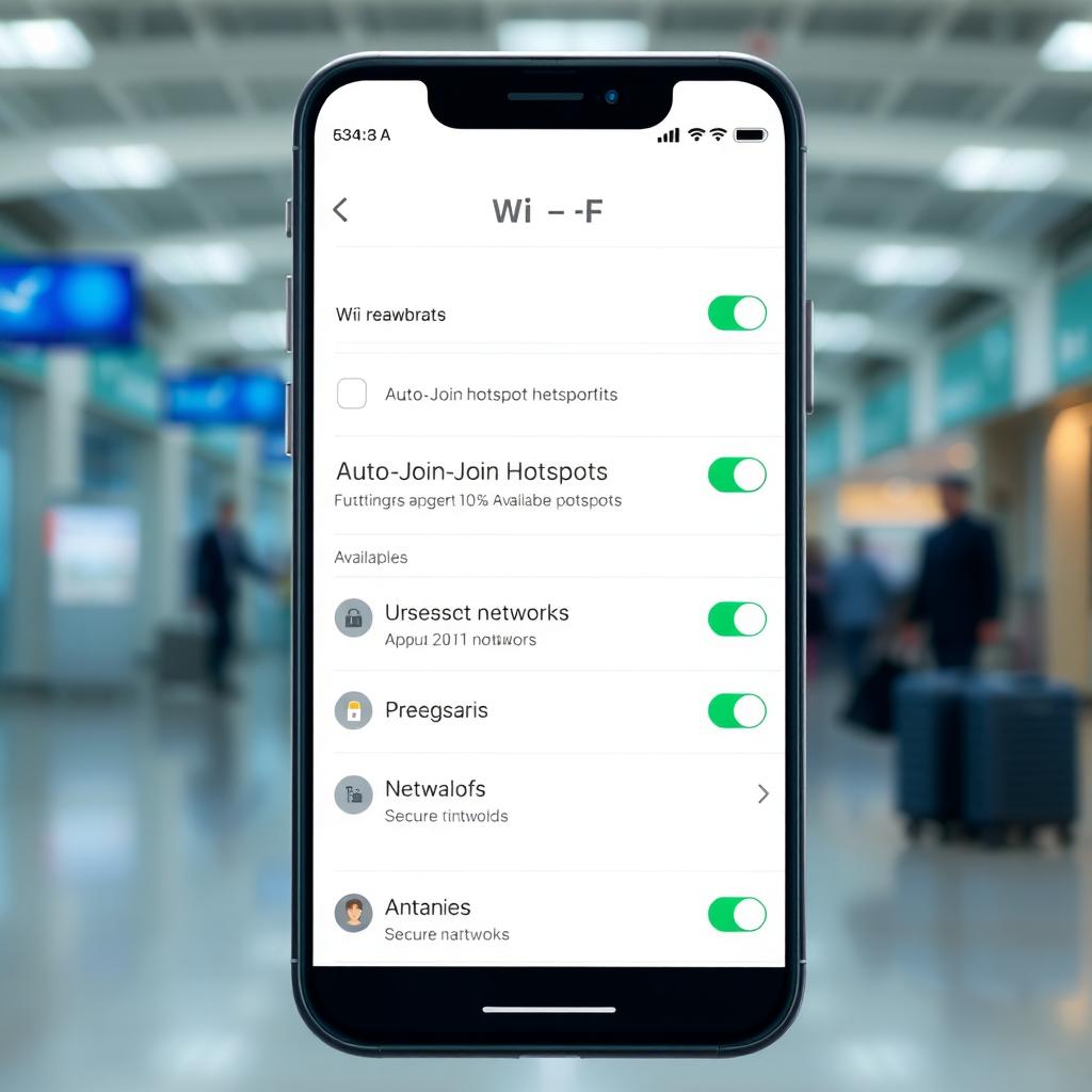 Smartphone showing Wi-Fi settings with auto-join disabled in an airport lounge