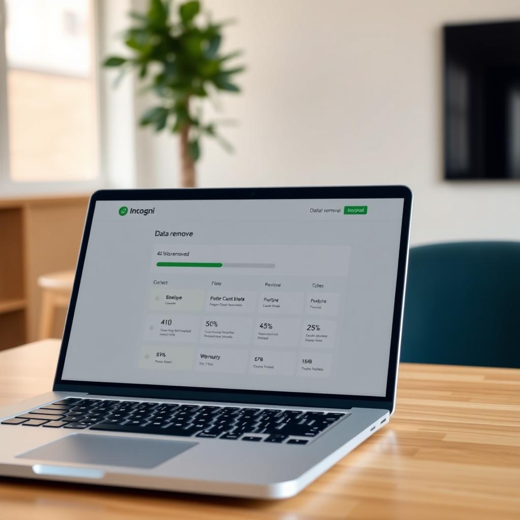 Laptop displaying a data removal service dashboard in a minimalist office setting.