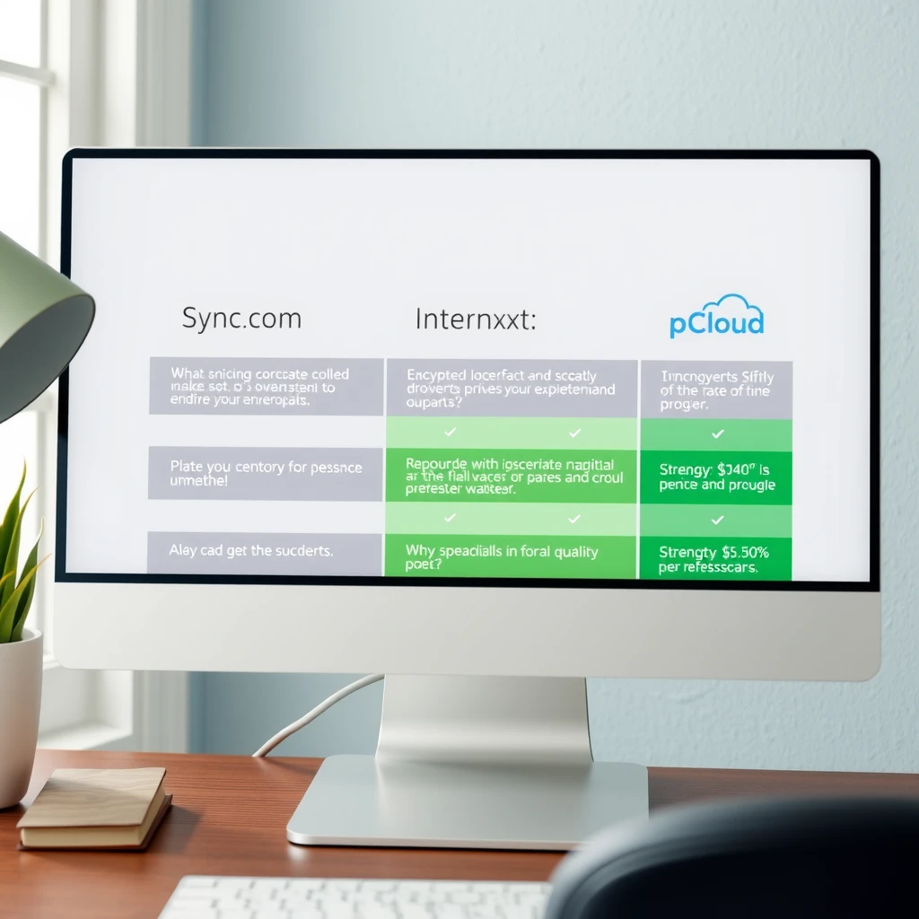 Comparison chart of privacy features for Sync.com, Internxt, and pCloud cloud storage services