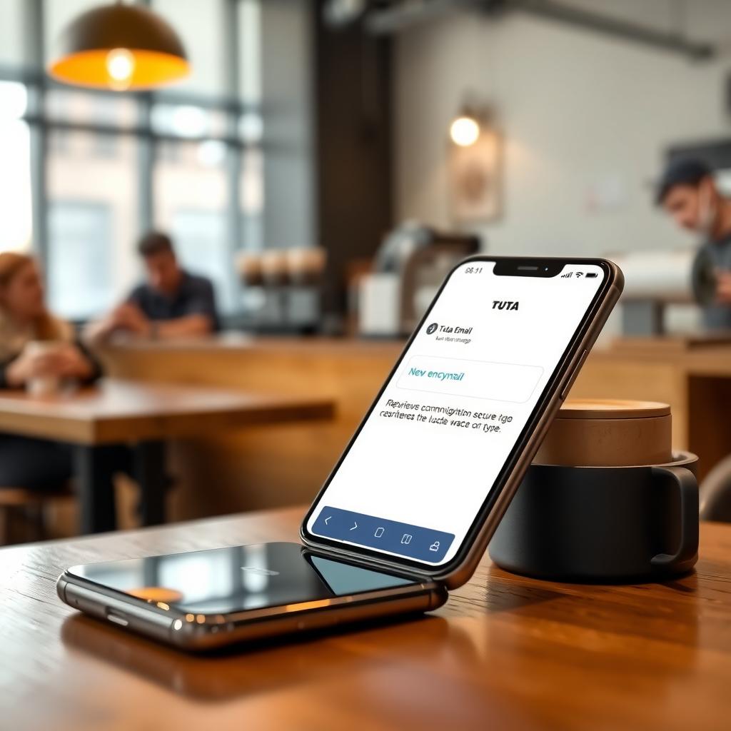 Smartphone showing Tuta email app with an encrypted email notification in a café