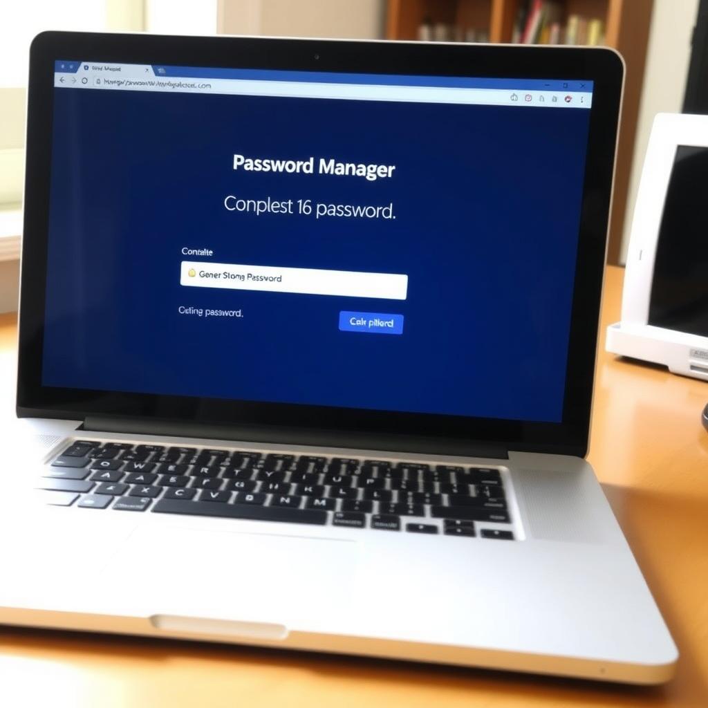 Password manager interface on laptop with strong password autofilled.