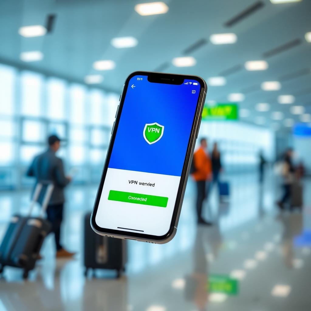 Smartphone showing a VPN app with a connected status in an airport setting
